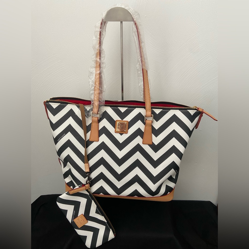 Dooney & Bourke Black and White Chevron Tote with Tan Trim